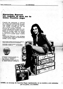 Amparo Muñoz, Miss Universo 1974 sobre las cajas de Naranjas Samel
